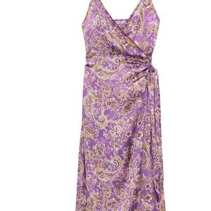 Zara Elegant Satin Purple Paisley Wrap Dress